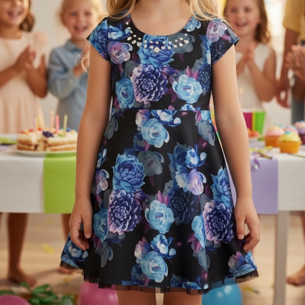 Justice Girl's Floral Dress in Black/Blue, Size: 8